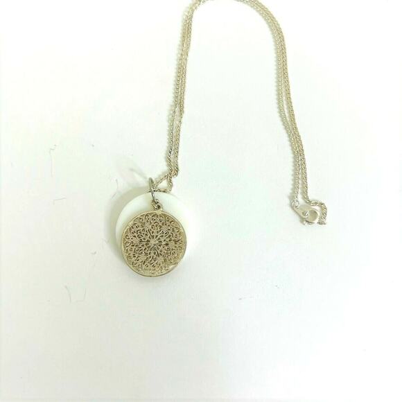 Silver Tone Necklace Filigree Floral Round Disk over White Enamel Disk - Picture 5 of 6